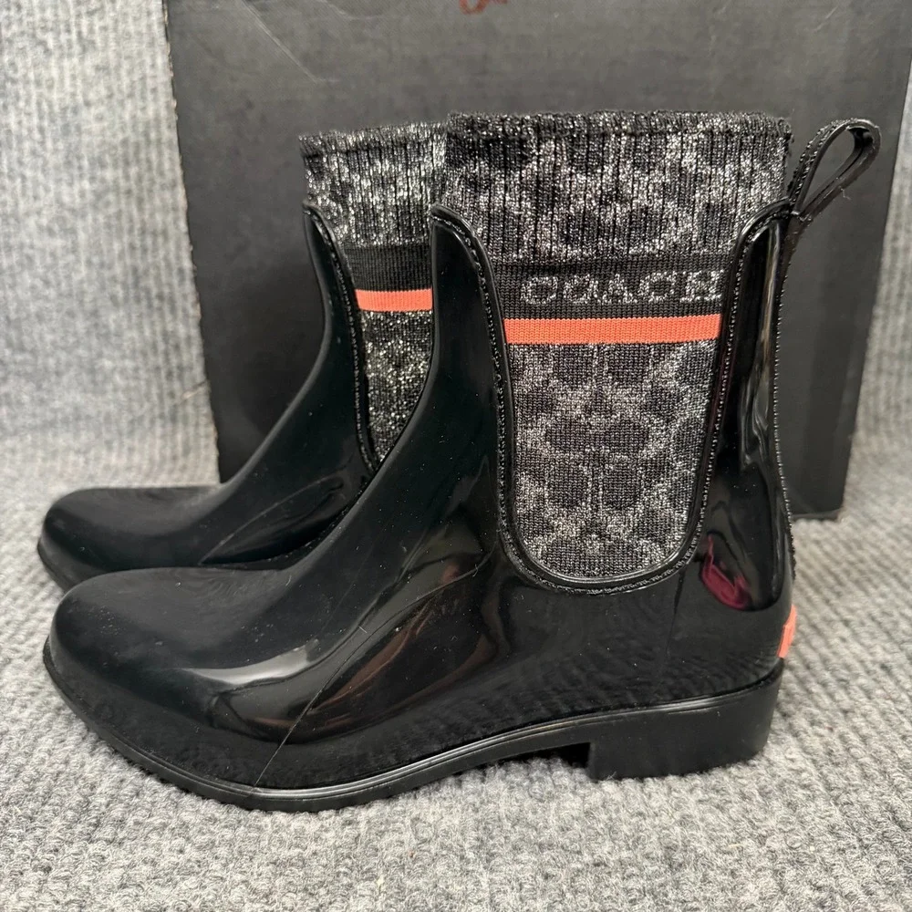 Coach Rivington Rain Boots Womens 6B Black Pink Signature Knit Ankle Booties